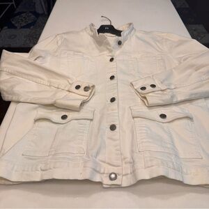 Eileen Fisher Women's White Denim Jacket Long Sleeves Pockets Size L